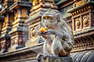 Monkey eating fruit at ancient temple