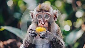 A monkey eating a piece of fruit in the jungle, AI