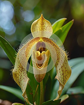 monkey face orchid with a rocky background in the wild