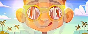 Monkey face in sunglasses, summer word on glass