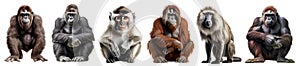 monkey family, Gorilla, apes, Chimpanzee, Baboon, Orangutang, full body shot isolated on transparent, PNG photo