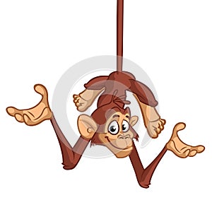 Funny Monkey Chimpanzee Hanging Upside Down Vector Illustration In Fun Cartoon Style Design.