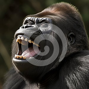 Monkey gorilla laughs, smiles, rejoices, close-up portrait, funny photo with animal