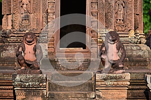 Monkey guards in front of temple entrance Banteay Srei near Angkor Wat and Siem Reap, Cambodia