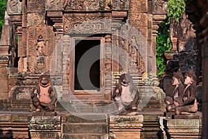 Monkey guards in front of temple entrance Banteay Srei near Angkor Wat and Siem Reap, Cambodia