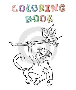 Monkey hanging on a branch. Jungle animal character. Contour vector illustration for coloring book. Cartoon style