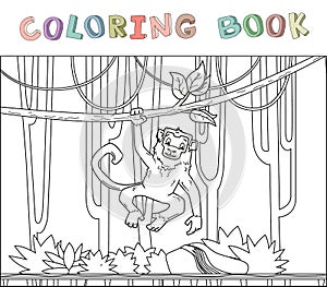 Monkey hanging on a jungle vine in rainforest. Jungle animal character. Contour vector illustration for coloring book