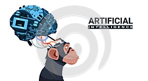 Monkey Head With Modern Cyborg Brain Over White Background Artificial Intelligence Concept