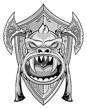 Monkey head with shield and weapon