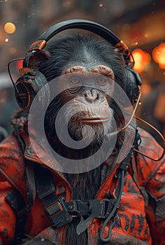 Monkey with headphones. Concept of monkey DJ