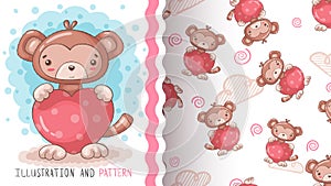 Monkey with heart - seamless pattern