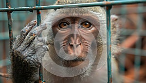 Monkey holding cage bars with a sad expression