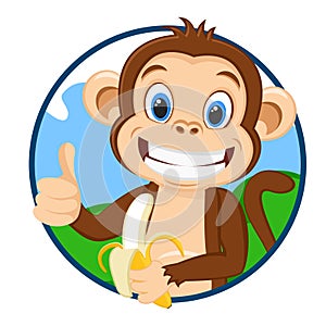 Monkey holds a ripe banana and shows a like, logo on a white background.