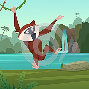 monkey jumping. wild jungle monkey at tree branches