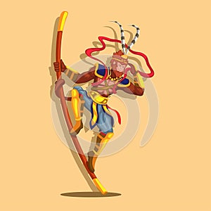 Monkey king aka sun wukong  figure posing on stick rod. legendary creature chinese mythology character illustration vector