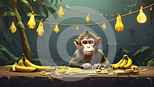 A monkey learns to solve a puzzle in order to receive a banana. It initially struggles, but after multiple attempts, it photo
