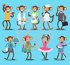 Monkey like people smiling nature vector animals professions dance, doctor, business, chef. Playful mammal funny
