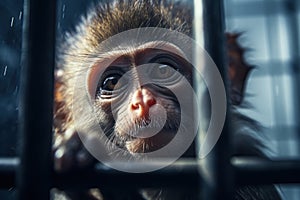 Monkey locked in cage. Emaciated, skinny lonely chimpanzee in cramped cage behind bars with sad look. Concept of keeping