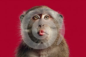 Monkey Making Kissy Face on Bright Red Background
