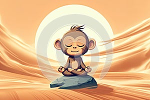A monkey meditates in the desert in the lotus position.