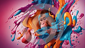 a monkey is in the midst of paint splashs and splats