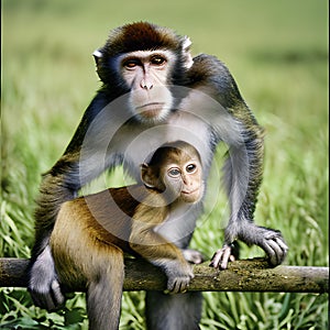 Monkey mother with monkey child sitting on a branch