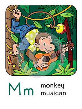 Monkey musician Animals profession ABC. Alphabet M