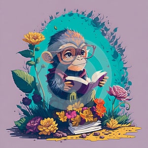 Monkey nerd readink book wearing glasses with colorful flowers over purple background,