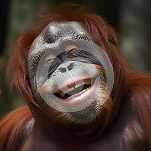 Monkey orangutan laughs smiles, close-up portrait, funny photo