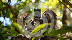 a monkey, a parrot, and a sloth taking a selfie on a smartphone