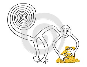 Monkey with a pile of golden coins - a paraphrase of the famous geoglyph The Monkey from Nazca