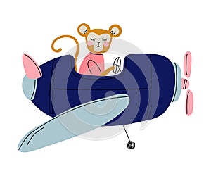 Monkey Pilot Flying on Retro Plane in the Sky, Cute Animal Character Piloting Airplane Vector Illustration