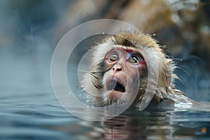 a monkey playing in a hot spring of water. Monkey bathing in hot water