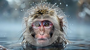 a monkey playing in a hot spring of water. Monkey bathing in hot water