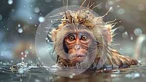 a monkey playing in a hot spring of water. Monkey bathing in hot water