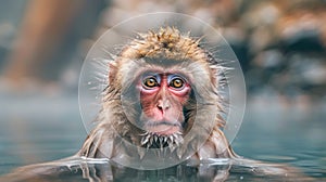 a monkey playing in a hot spring of water. Monkey bathing in hot water