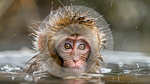 a monkey playing in a hot spring of water. Monkey bathing in hot water