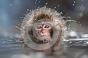 a monkey playing in a hot spring of water. Monkey bathing in hot water