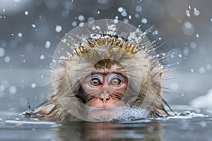 a monkey playing in a hot spring of water. Monkey bathing in hot water