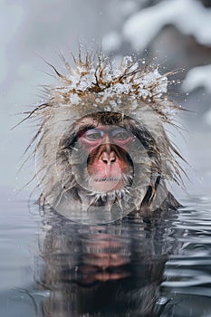 a monkey playing in a hot spring of water. Monkey bathing in hot water