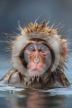 a monkey playing in a hot spring of water. Monkey bathing in hot water