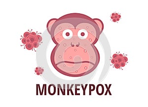 Monkey pox virus outbreak. Vector design with primate face and skin rashes on white background. Warning about an