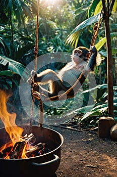 Relaxing Monkey on Rope Swing in Tropical Jungle