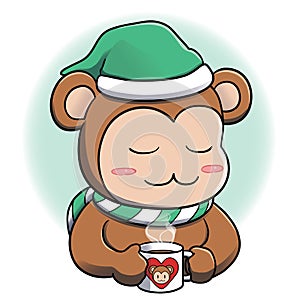 Monkey relaxing with hot beverage