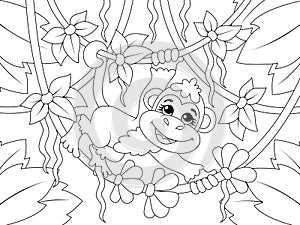 The monkey rides on liana. Wild animal in wild nature. Vector, page for printable children coloring book.