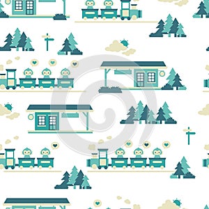 Monkey`s train station vector illustration seamless pattern