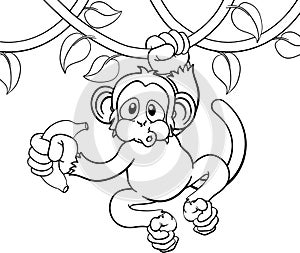 Monkey Singing On Jungle Vines With Banana Cartoon