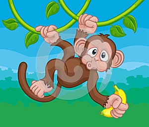 Monkey Singing On Jungle Vines With Banana Cartoon