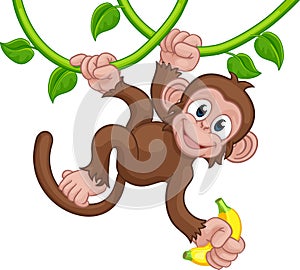 Monkey Singing On Jungle Vines With Banana Cartoon