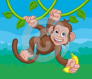 Monkey Singing On Jungle Vines With Banana Cartoon